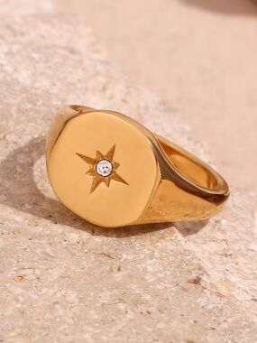 Gold Star Signet Ring with Center Stone Stainless Steel